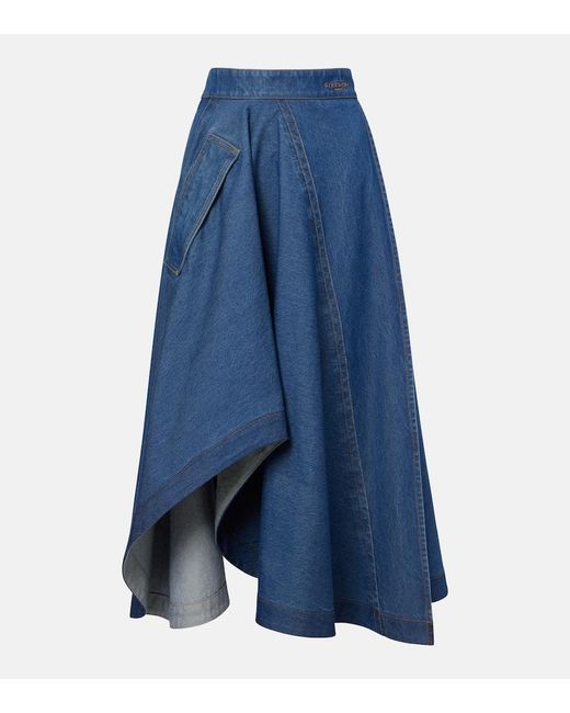 Givenchy Blue Asymmetric Denim Midi Skirt