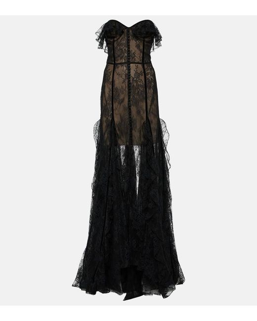 Costarellos Black Rosaline Strapless Velvet-trimmed Ruffled Lace Gown