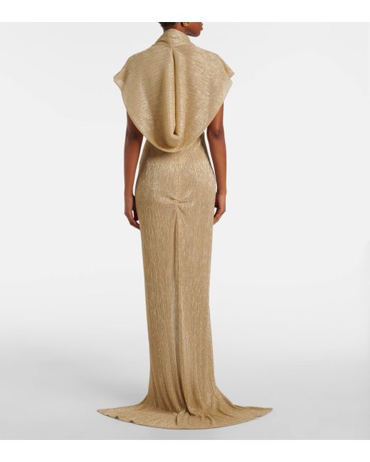 Costarellos Natural Metallic Lame Eva Draped Gown