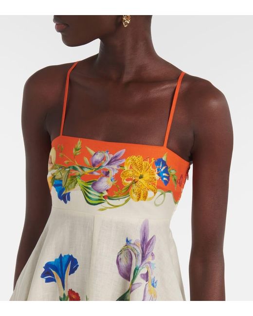 ALÉMAIS Orange Bedrucktes Midikleid Flores Aus Leinen