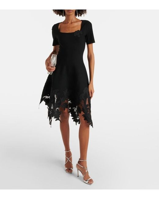 Oscar de la Renta Black Lace-Trimmed Knitted Minidress