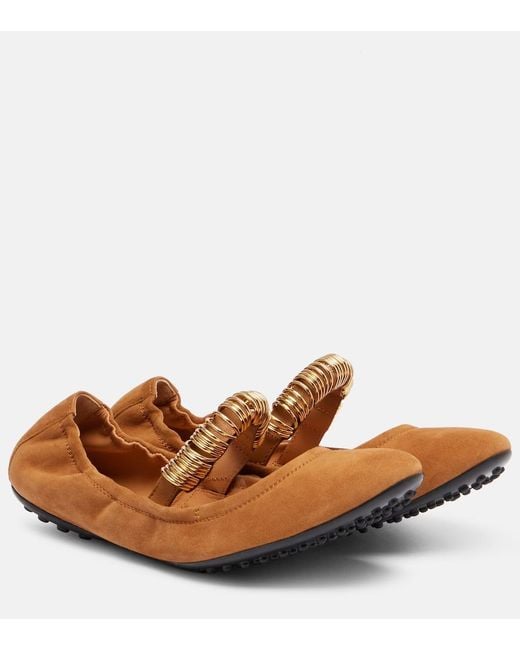 Tod's Brown Dee Embellished Suede Mary Jane Flats