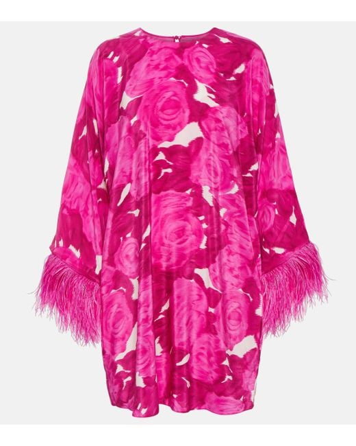 Valentino Pink Floral Feather-trimmed Silk Minidress