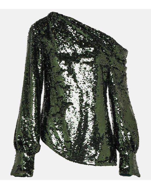 Jonathan Simkhai Green Alice Sequined One-Shoulder Top