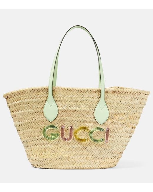 Gucci Metallic Small Logo Raffia Basket Bag