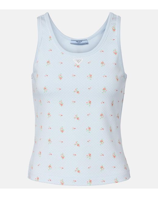 Prada Blue Floral Cotton-Blend Tank Top
