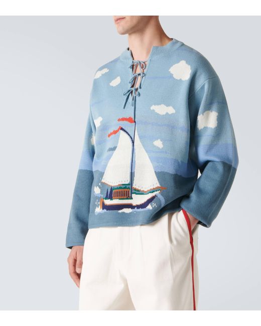 Bode Blue Pinafore Bow-detail Cotton Jacquard Sweater for men