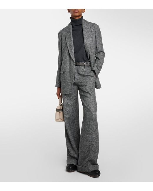 Brunello Cucinelli Gray Herringbone Wool-Blend Flared Pants