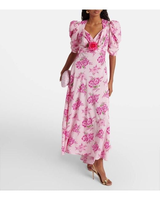 Rodarte Pink Floral-applique Puff-sleeve Silk Gown
