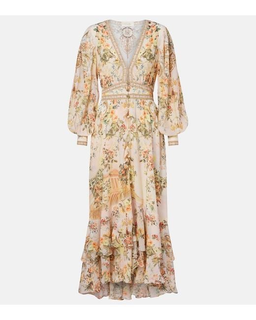 Camilla Natural Embellished Floral Silk Crepe Maxi Dress