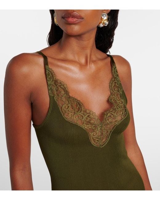 Saint Laurent Green Lace-Trimmed Silk Jersey Slip Dress