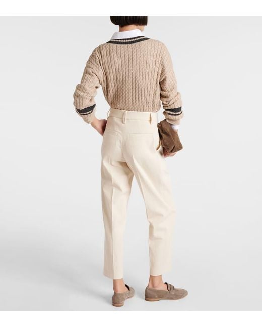 Pantalones rectos de gabardina de tiro alto Brunello Cucinelli de color White