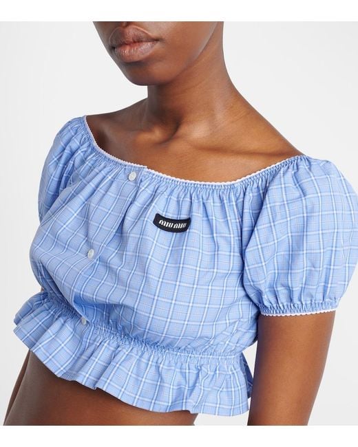 Miu Miu Blue Checked Cotton Poplin Crop Top