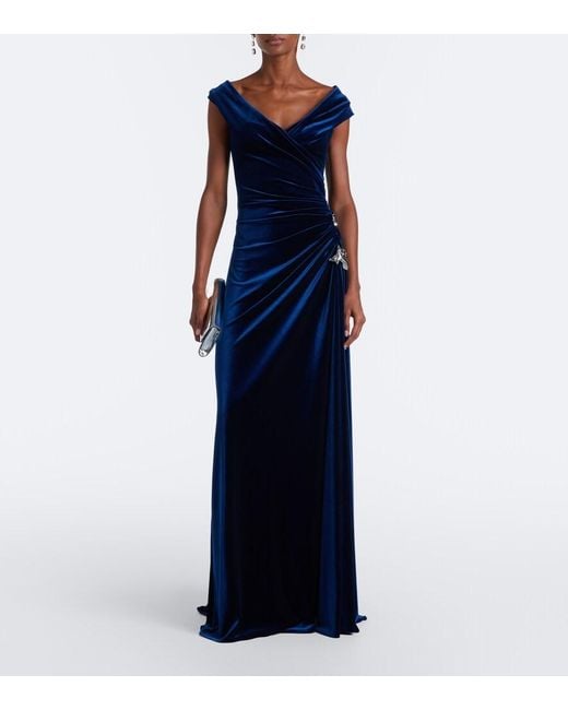 Monique Lhuillier Blue Embellished Draped Velvet Gown