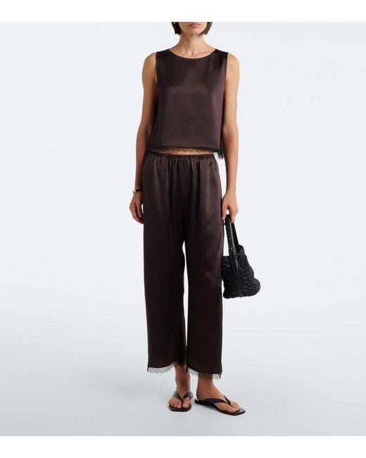 Leset Black Barb Lace-Trimmed Satin Wide-Leg Pants