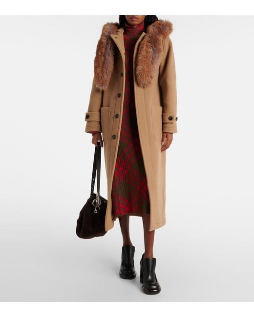 Burberry Natural Faux Fur-Trimmed Wool Coat