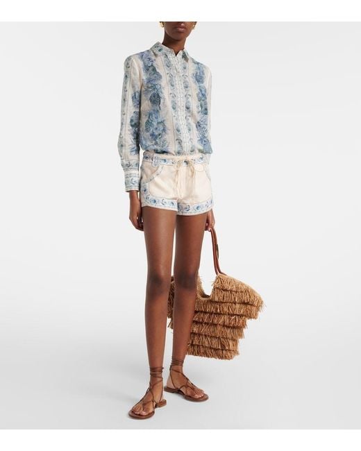 Zimmermann White Wanderlust Belted Floral Linen Shorts