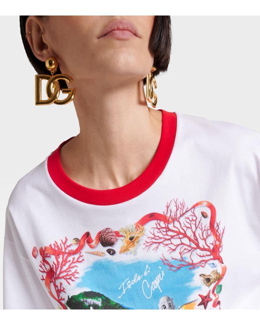 Dolce & Gabbana White Bedrucktes T-Shirt Capri aus Baumwoll-Jersey