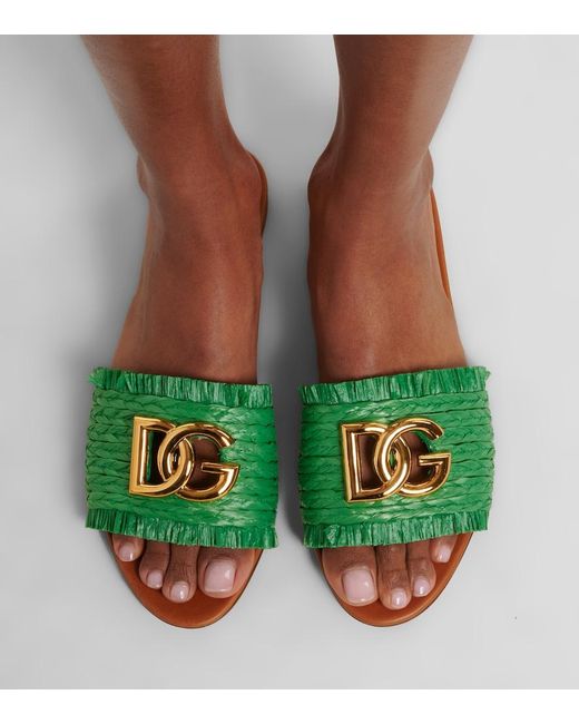 Dolce & Gabbana Green Dg Fringed Raffia-Effect Slides