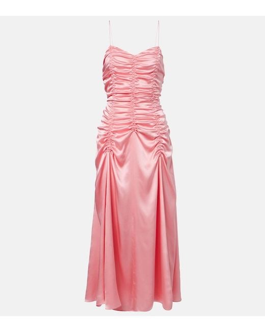 Khaite Pink Raina Ruched Silk Satin Midi Dress
