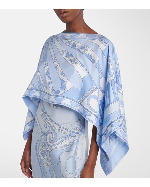 Emilio Pucci Blue Orchidee Soleil Silk Gown And Cape Set