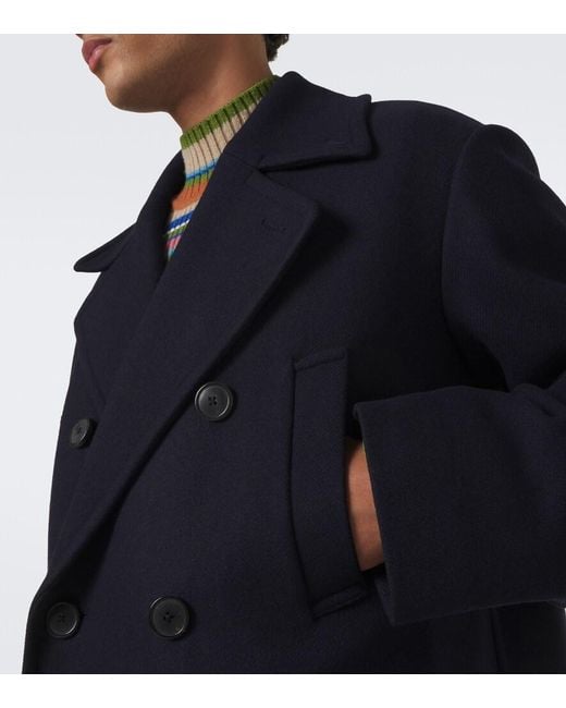 Dries Van Noten Blue Double-Breasted Wool-Blend Coat for men