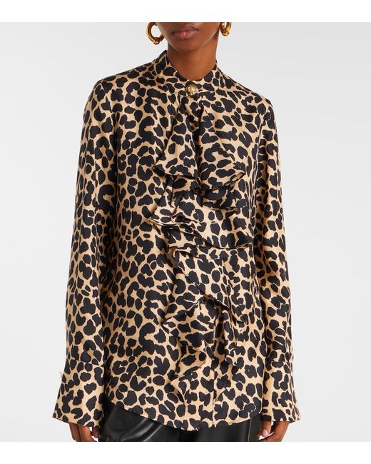 Balmain Black Leopard-Print Ruffled Silk Blouse