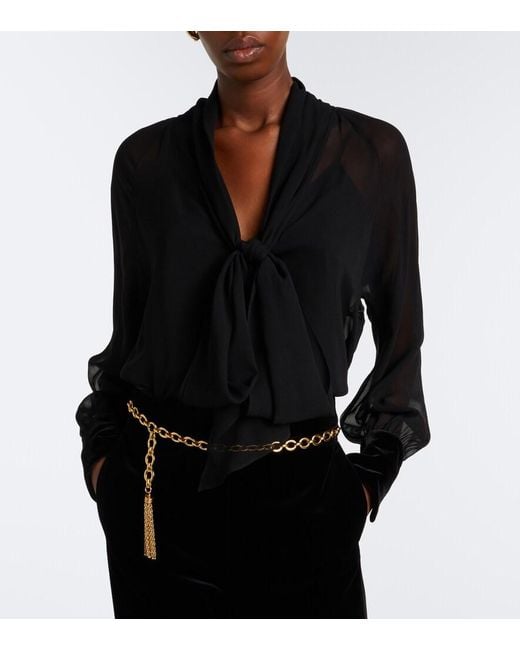Max Mara Black Elegante Tie-Neck Silk Blouse