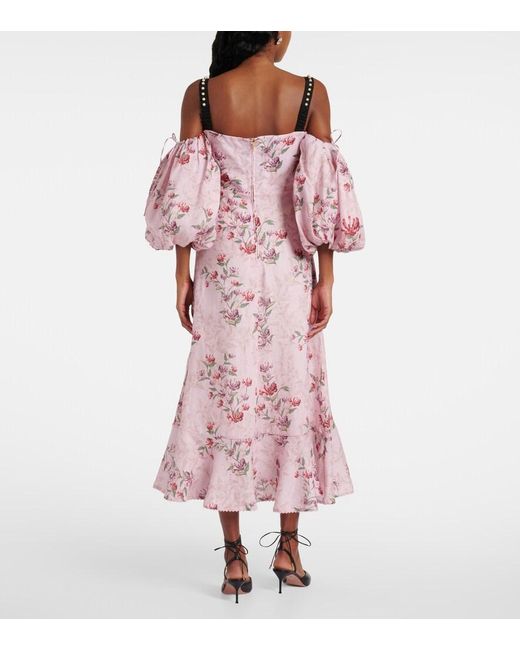 Agua Bendita Pink Mercedes Wisteria Floral Linen Midi Dress