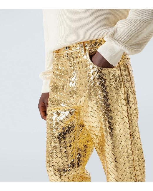 Bottega Veneta Yellow Intrecciato Metallic Leather Straight Pants for men