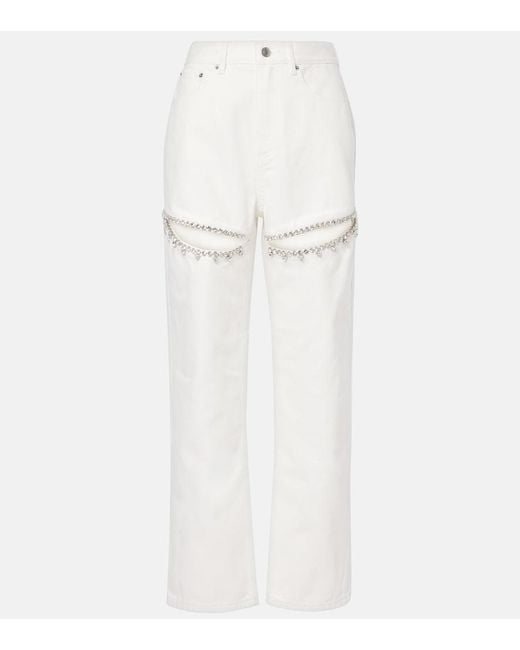 Area White Crystal-Embellished Cutout Straight Jeans