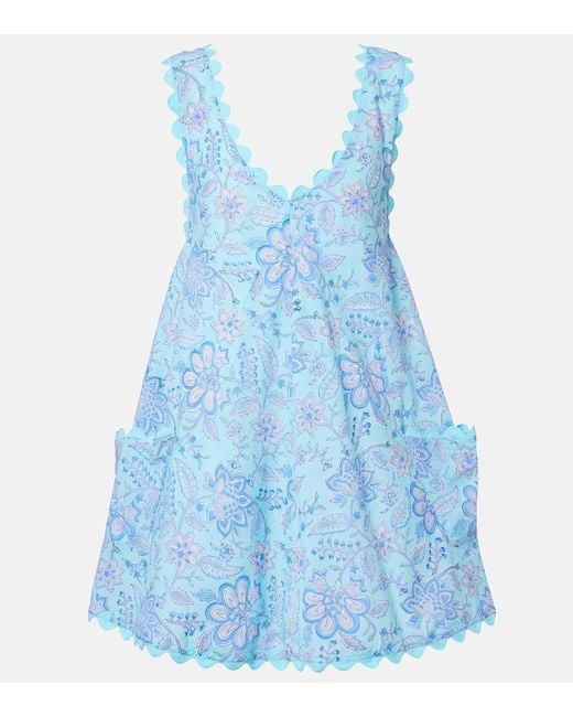 Juliet Dunn Blue Floral Scalloped Cotton Minidress