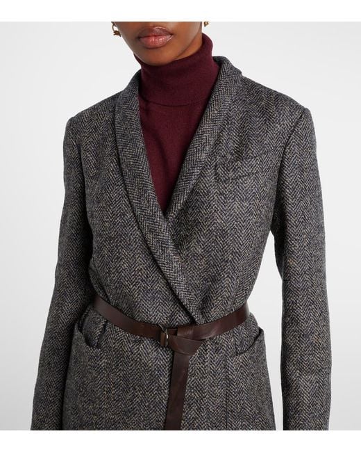 Brunello Cucinelli Gray Herringbone Monili Wool-Blend Tweed Blazer