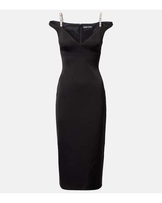 David Koma Black Midikleid Aus Satin Mit Kristallen