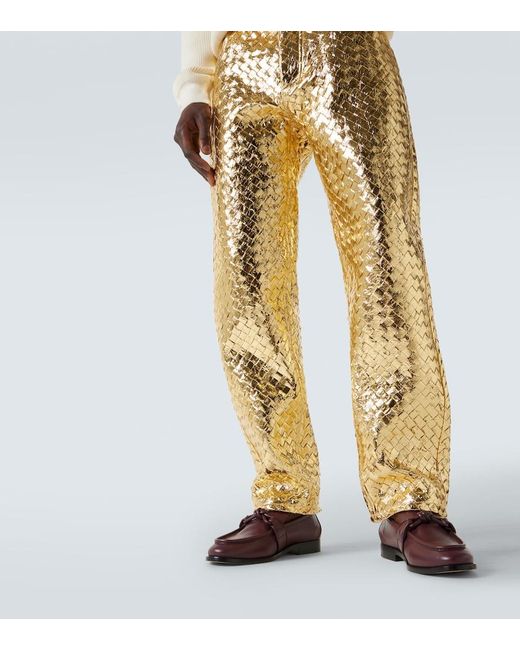 Bottega Veneta Yellow Intrecciato Metallic Leather Straight Pants for men
