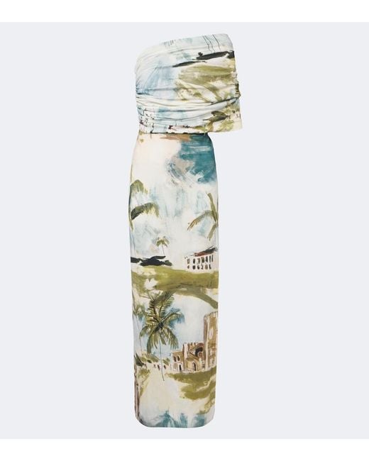 Oscar de la Renta Metallic Printed Draped Jersey Off-Shoulder Maxi Dress