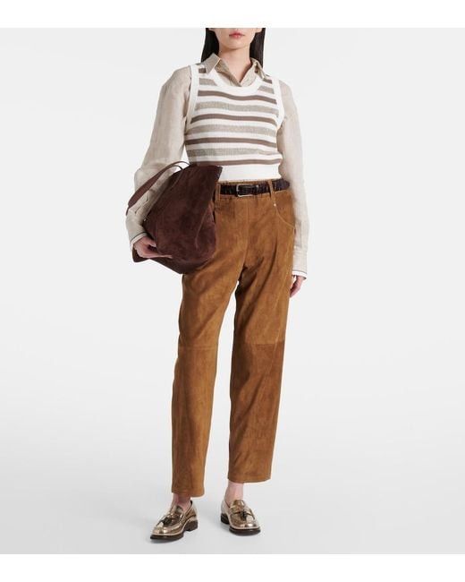 Brunello Cucinelli Brown Suede Straight Pants