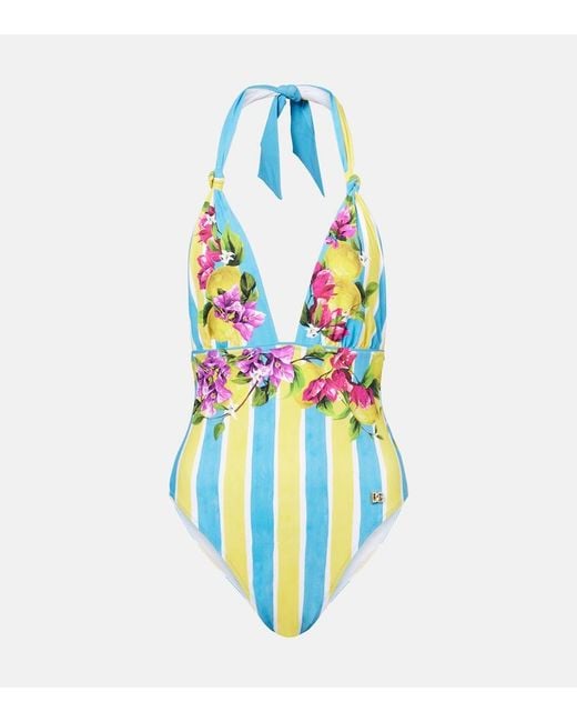 Dolce & Gabbana Blue Printed Halterneck Swimsuit