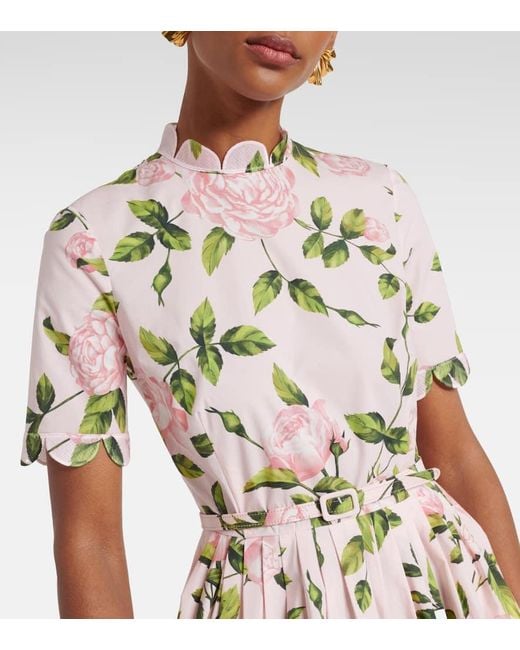 Robe Midi En Coton Melange A Fleurs Oscar de la Renta en coloris White