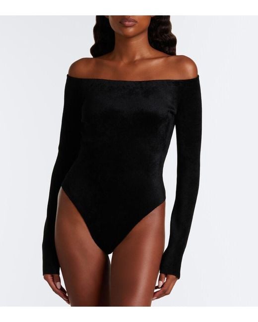 Alaïa Black Off-Shoulder Velvet Bodysuit