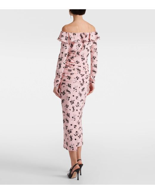 Alessandra Rich Pink Floral Off-shoulder Silk Midi Dress
