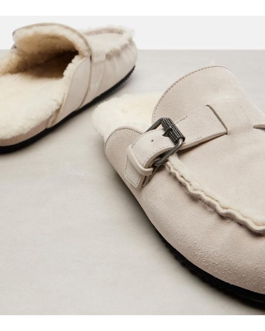 Brunello Cucinelli White Monili Shearling-Lined Suede Mules