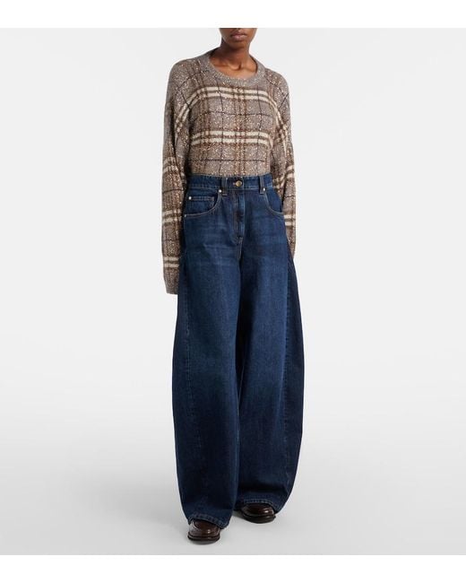 Brunello Cucinelli Blue Leather-Trimmed Barrel-Leg Jeans