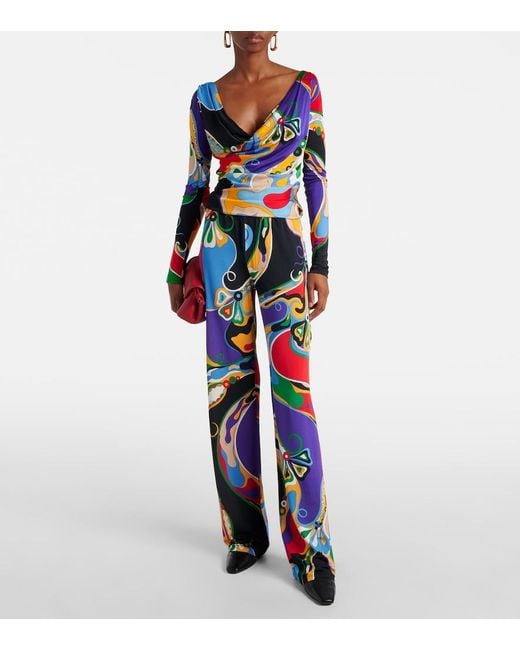 Emilio Pucci Blue Printed Jersey Long-Sleeve Blouse