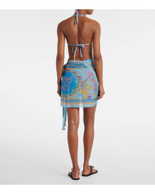 Versace Blue Printed Cotton And Silk Beach Cover-Up