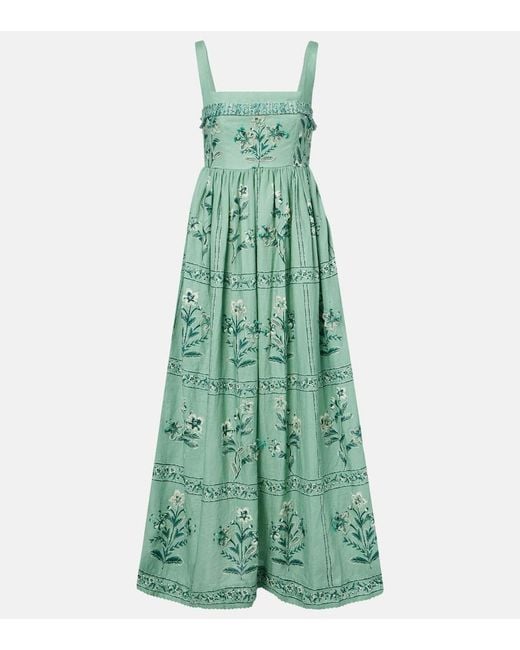 Agua Bendita Green Barbara Embroidered Linen Maxi Dress