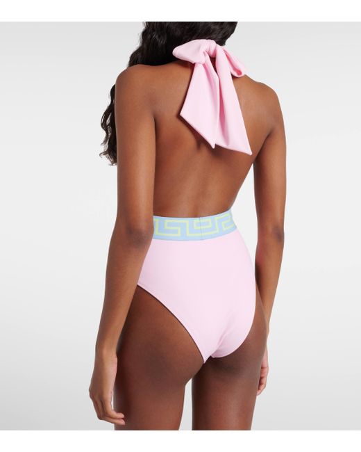 Versace Pink Greca Border Halterneck Swimsuit