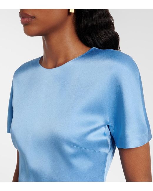 Victoria Beckham Blue Gathered Satin Midi Dress