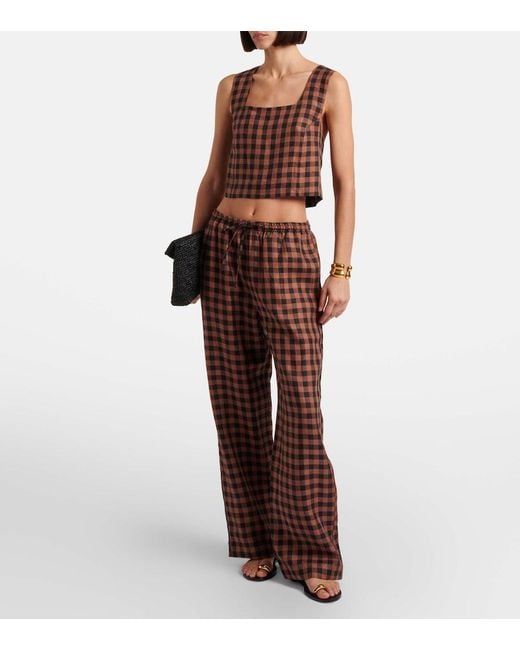 Asceno Brown Checked Linen Wide-Leg Pants