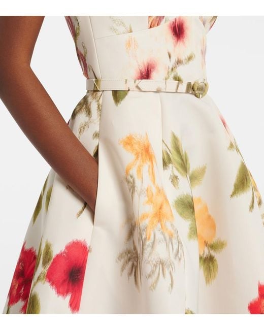 Oscar de la Renta White Belted Floral Faille Cocktail Dress